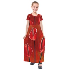 Flowers Red Kids  Short Sleeve Maxi Dress by Askadina