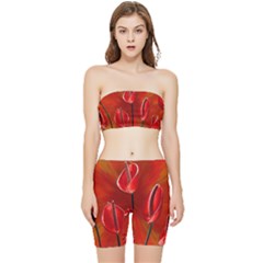 Flowers Red Stretch Shorts And Tube Top Set by Askadina