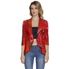 Flowers Red Women s 3/4 Sleeve Ruffle Edge Open Front Jacket by Askadina