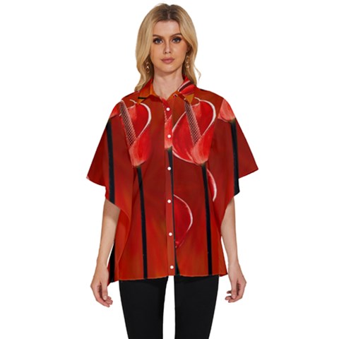 Flowers Red Women s Batwing Button Up Shirt by Askadina