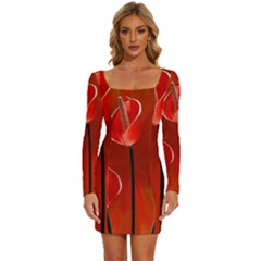 Flowers Red Long Sleeve Square Neck Bodycon Velvet Dress by Askadina