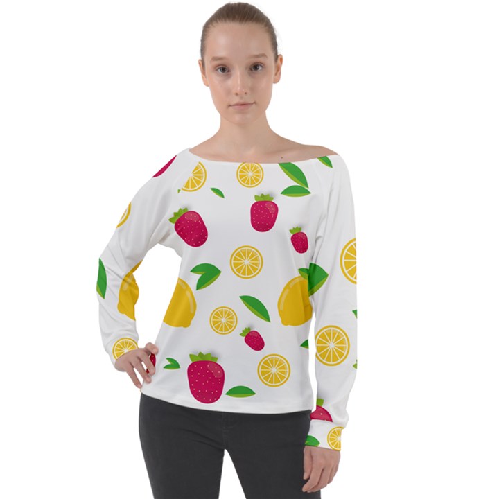 Strawberry Lemons Fruit Off Shoulder Long Sleeve Velour Top