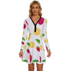 Strawberry Lemons Fruit Long Sleeve Deep V Mini Dress 