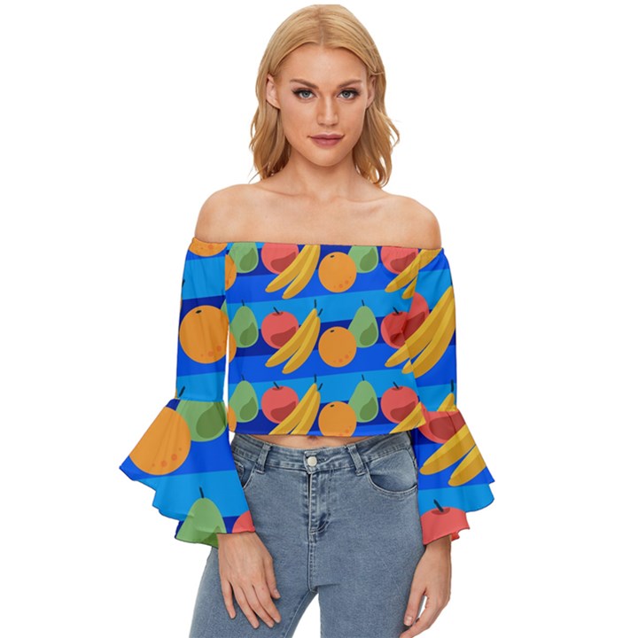 Fruit Texture Wave Fruits Off Shoulder Flutter Bell Sleeve Top