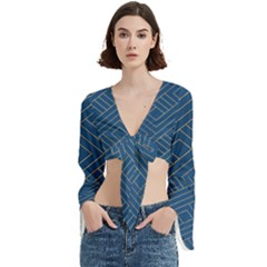 Plaid Background Blue Trumpet Sleeve Cropped Top