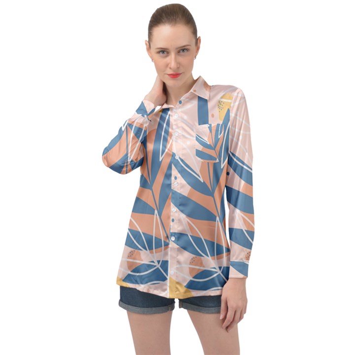 Summer Pattern Tropical Design Nature Green Plant Long Sleeve Satin Shirt