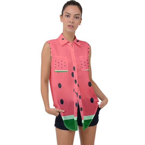 Watermelon Melon Fruit Healthy Food Meal Breakfast Lunch Juice Lemonade Summer Sleeveless Chiffon Button Shirt by Maspions