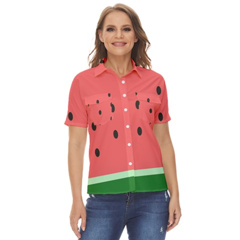 Watermelon Melon Fruit Healthy Food Meal Breakfast Lunch Juice Lemonade Summer Women s Short Sleeve Double Pocket Shirt by Maspions