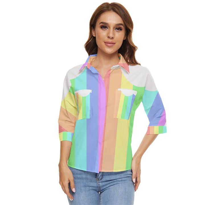 Rainbow Cloud Background Pastel Template Multi Coloured Abstract Women s Quarter Sleeve Pocket Shirt