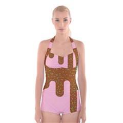 Ice Cream Dessert Food Cake Chocolate Sprinkles Sweet Colorful Drip Sauce Cute Boyleg Halter Swimsuit  by Maspions