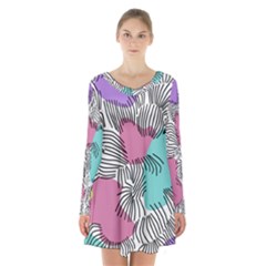 Lines Line Art Pastel Abstract Multicoloured Surfaces Art Long Sleeve Velvet V-neck Dress by Maspions