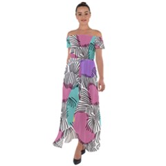 Lines Line Art Pastel Abstract Multicoloured Surfaces Art Off Shoulder Open Front Chiffon Dress by Maspions