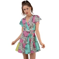 Lines Line Art Pastel Abstract Multicoloured Surfaces Art Flutter Sleeve Wrap Dress