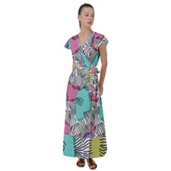 Lines Line Art Pastel Abstract Multicoloured Surfaces Art Flutter Sleeve Maxi Dress