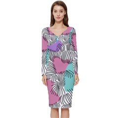 Lines Line Art Pastel Abstract Multicoloured Surfaces Art Long Sleeve V-neck Bodycon Dress 