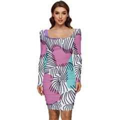 Lines Line Art Pastel Abstract Multicoloured Surfaces Art Women Long Sleeve Ruched Stretch Jersey Dress