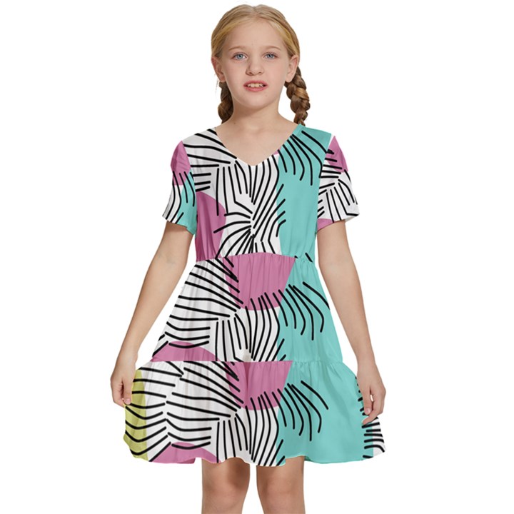 Lines Line Art Pastel Abstract Multicoloured Surfaces Art Kids  Short Sleeve Tiered Mini Dress