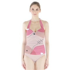 Pink Pattern Line Art Texture Minimalist Design Halter Swimsuit