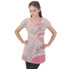 Pink Pattern Line Art Texture Minimalist Design Puff Sleeve Tunic Top