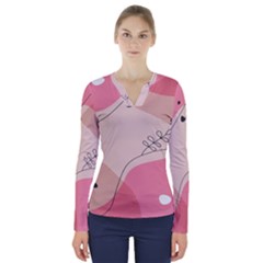 Pink Pattern Line Art Texture Minimalist Design V-neck Long Sleeve Top