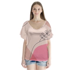 Pink Pattern Line Art Texture Minimalist Design V-neck Flutter Sleeve Top