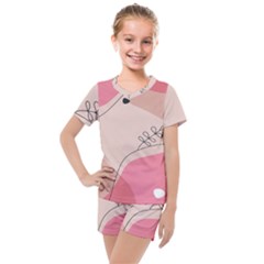 Pink Pattern Line Art Texture Minimalist Design Kids  Mesh T-shirt And Shorts Set