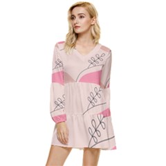 Pink Pattern Line Art Texture Minimalist Design Tiered Long Sleeve Mini Dress