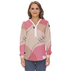 Pink Pattern Line Art Texture Minimalist Design Zip Up Long Sleeve Blouse