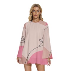 Pink Pattern Line Art Texture Minimalist Design Round Neck Long Sleeve Bohemian Style Chiffon Mini Dress by Maspions