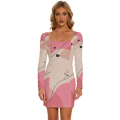 Pink Pattern Line Art Texture Minimalist Design Long Sleeve Square Neck Bodycon Velvet Dress