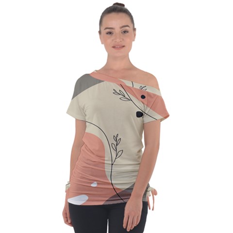 Pattern Line Art Texture Minimalist Design Off Shoulder Tie-up T-shirt by Maspions