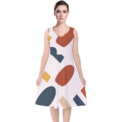 Boho Bohemian Style Design Minimalist Aesthetic Pattern Art Shapes Lines V-neck Midi Sleeveless Dress 