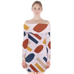 Boho Bohemian Style Design Minimalist Aesthetic Pattern Art Shapes Lines Long Sleeve Off Shoulder Dress