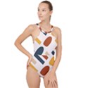 Boho Bohemian Style Design Minimalist Aesthetic Pattern Art Shapes Lines High Neck One Piece Swimsuit View1