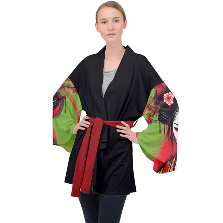 Geisha Red/Green Long Sleeve Velvet Kimono 