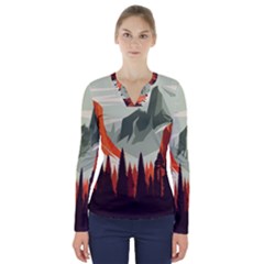 Mountain Travel Canyon Nature Tree Wood V-neck Long Sleeve Top