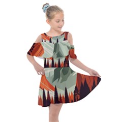 Mountain Travel Canyon Nature Tree Wood Kids  Shoulder Cutout Chiffon Dress