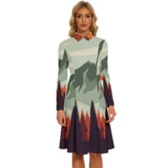 Mountain Travel Canyon Nature Tree Wood Long Sleeve Shirt Collar A-line Dress by Maspions