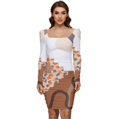 Bohemian Digital Minimalist Boho Style Geometric Abstract Art Women Long Sleeve Ruched Stretch Jersey Dress