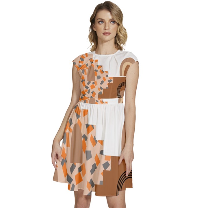 Bohemian Digital Minimalist Boho Style Geometric Abstract Art Cap Sleeve High Waist Dress