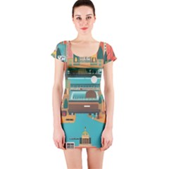 City Painting Town Urban Artwork Short Sleeve Bodycon Dress