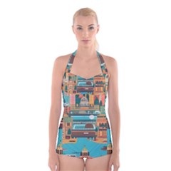 City Painting Town Urban Artwork Boyleg Halter Swimsuit 