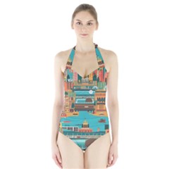 City Painting Town Urban Artwork Halter Swimsuit