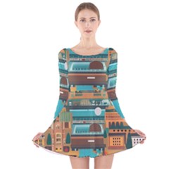 City Painting Town Urban Artwork Long Sleeve Velvet Skater Dress by Maspions