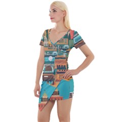 City Painting Town Urban Artwork Short Sleeve Asymmetric Mini Dress