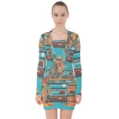 City Painting Town Urban Artwork V-neck Bodycon Long Sleeve Dress