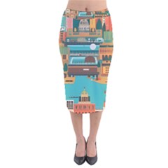 City Painting Town Urban Artwork Velvet Midi Pencil Skirt by Maspions