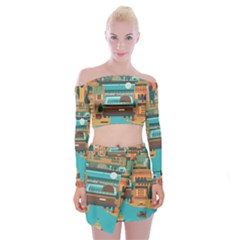 City Painting Town Urban Artwork Off Shoulder Top With Mini Skirt Set by Maspions