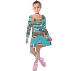 City Painting Town Urban Artwork Kids  Long Sleeve Velvet Dress