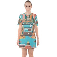 City Painting Town Urban Artwork Sixties Short Sleeve Mini Dress